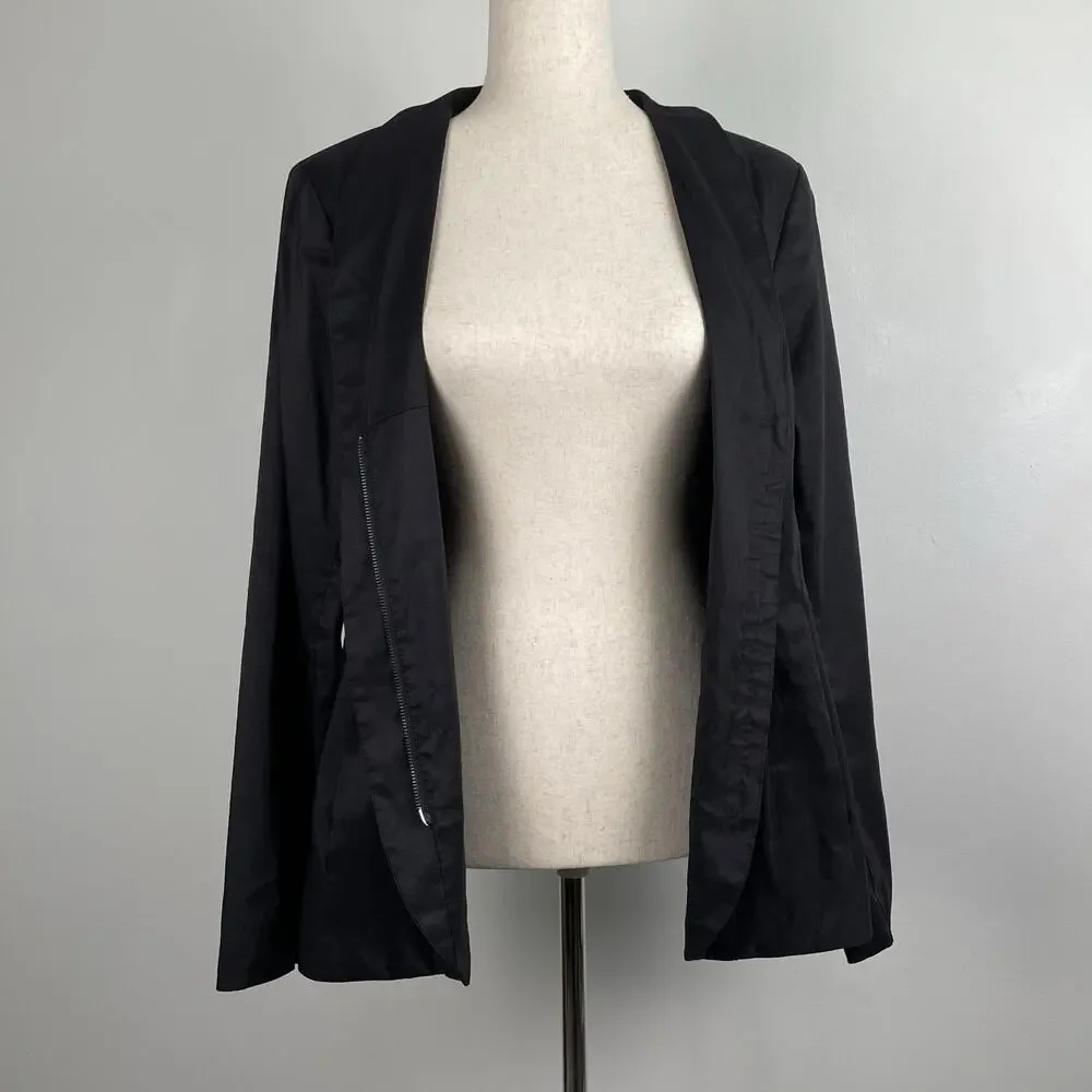 Eileen Fisher Polished Ramie Silk Stretch Jacket Blazer Zip Front Fitted Black L